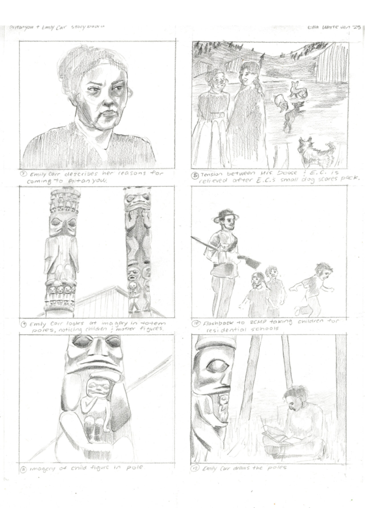 Pencil storyboard page with six panels illustrating Emily Carr explaining her visit, the easing of tension with the Douse family, close-up views of carved totem poles featuring child and mother figures and a flashback of an RCMP officer taking children to residential schools.