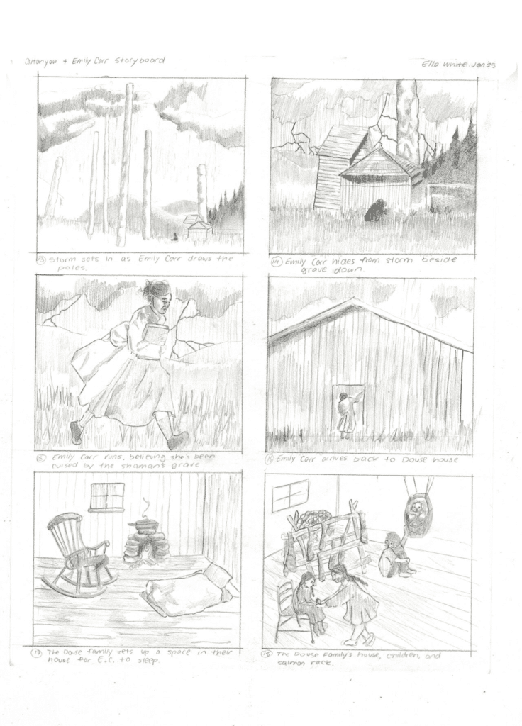 Pencil storyboard page with six panels depicting Emily Carr’s experiences in Gitanyow, including scenes of a storm setting in as she sketches poles, hiding beside a grave, running in fear, arriving at the Douse family’s house and the family preparing a place for her to sleep.