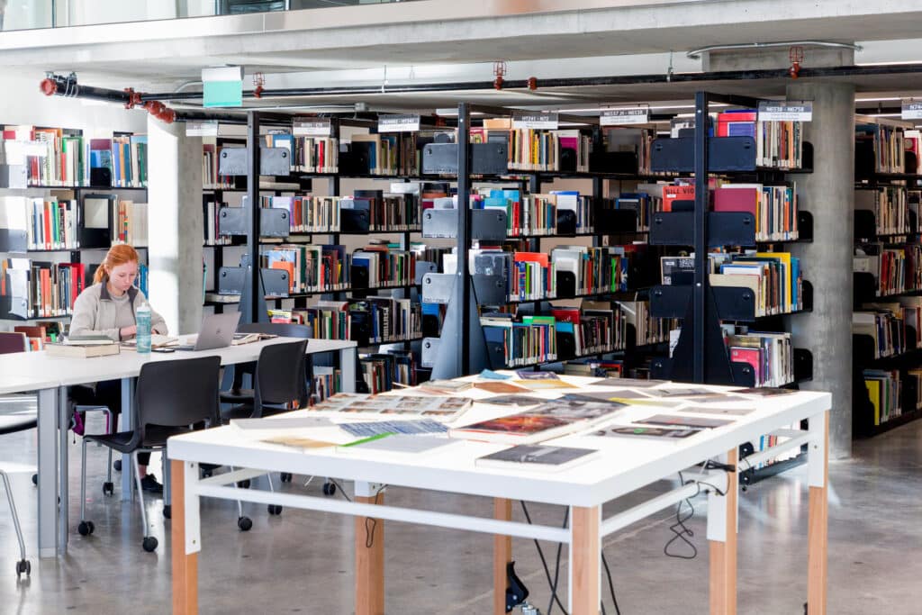 A spacious library area with rows of bookshelves filled with books, organized by categories. A student is seated at a table in the foreground, working on a laptop and surrounded by study materials. The environment is well-lit, with natural light streaming in from large windows, creating a conducive space for focused study and research.
