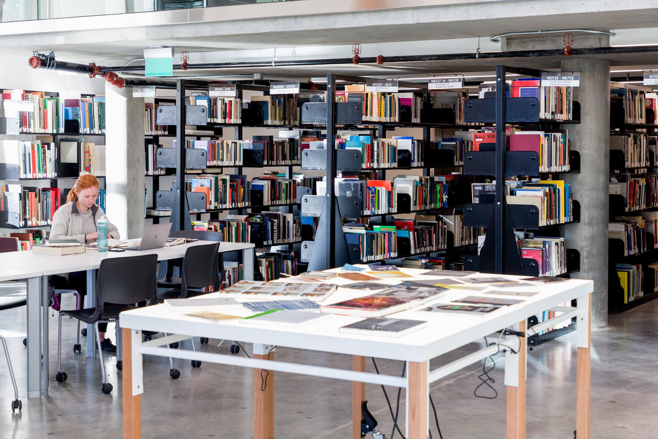 A spacious library area with rows of bookshelves filled with books, organized by categories. A student is seated at a table in the foreground, working on a laptop and surrounded by study materials. The environment is well-lit, with natural light streaming in from large windows, creating a conducive space for focused study and research.