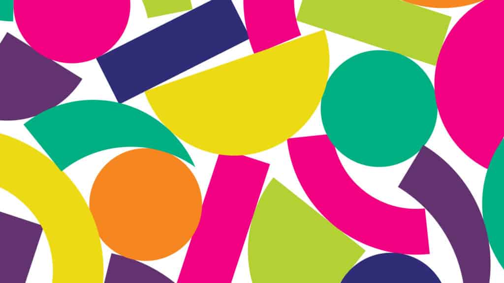 Shapes of Emily Carr University of Art + Design displayed in a pattern. A series of colourful shapes on a white background.