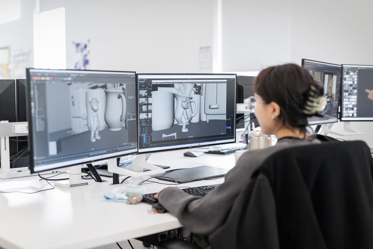 Student animating characters in the animation studio.