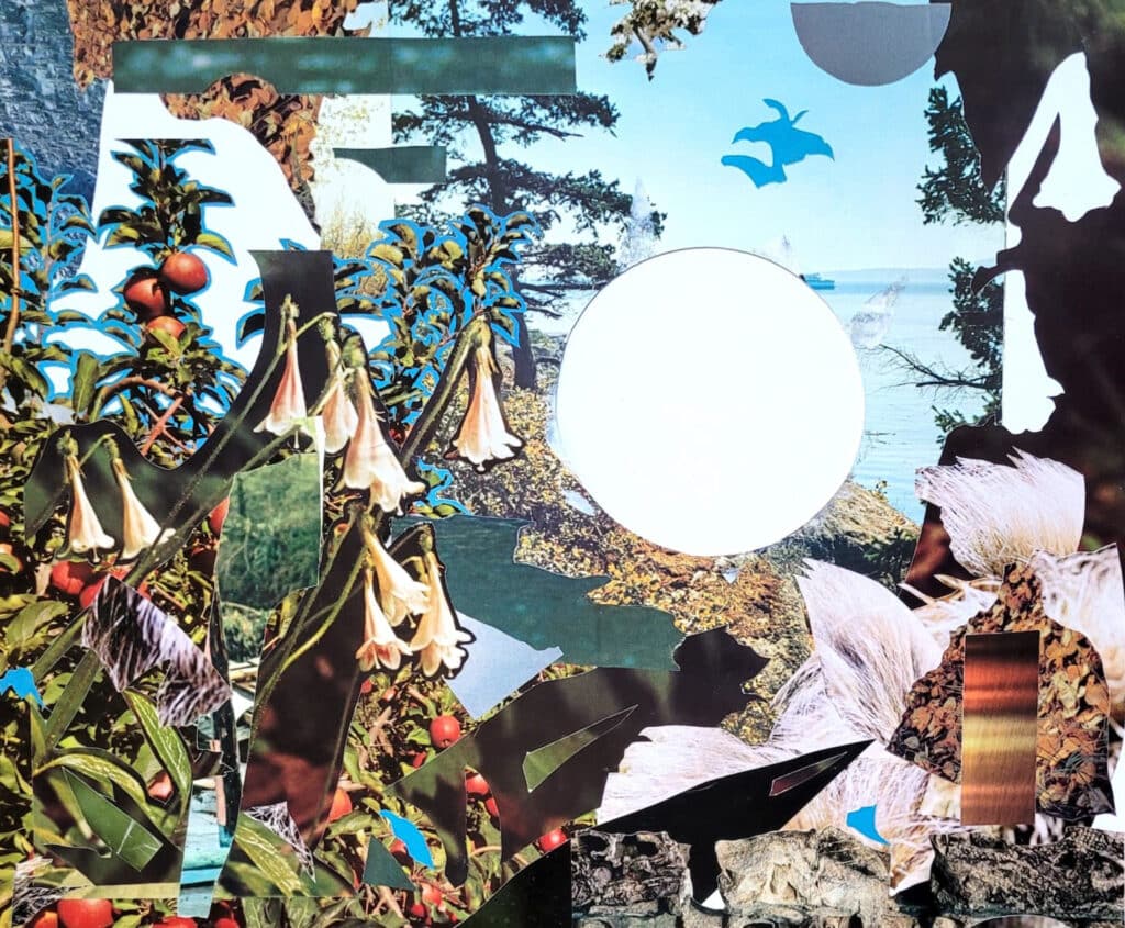 Colorful collage of natural imagery including flowers, trees, fruit, and a seascape, layered with cutouts and abstract shapes.