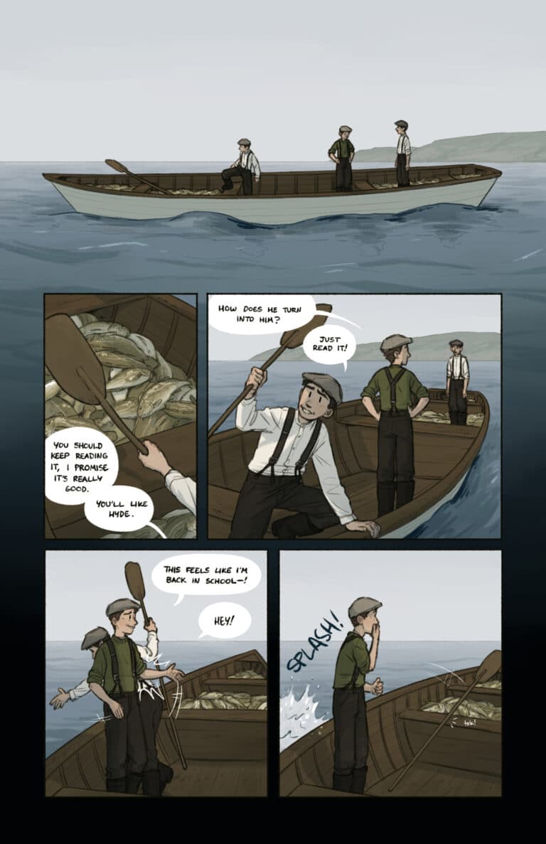 A comic page showing three young men in suspenders and caps fishing from a wooden boat. One rows while another jokes about a book. Panels show dialogue: “How does he turn into him? / Just read it!” followed by “This feels like I’m back in school—Hey!” as one boy pushes another overboard with a paddle, ending with a SPLASH!