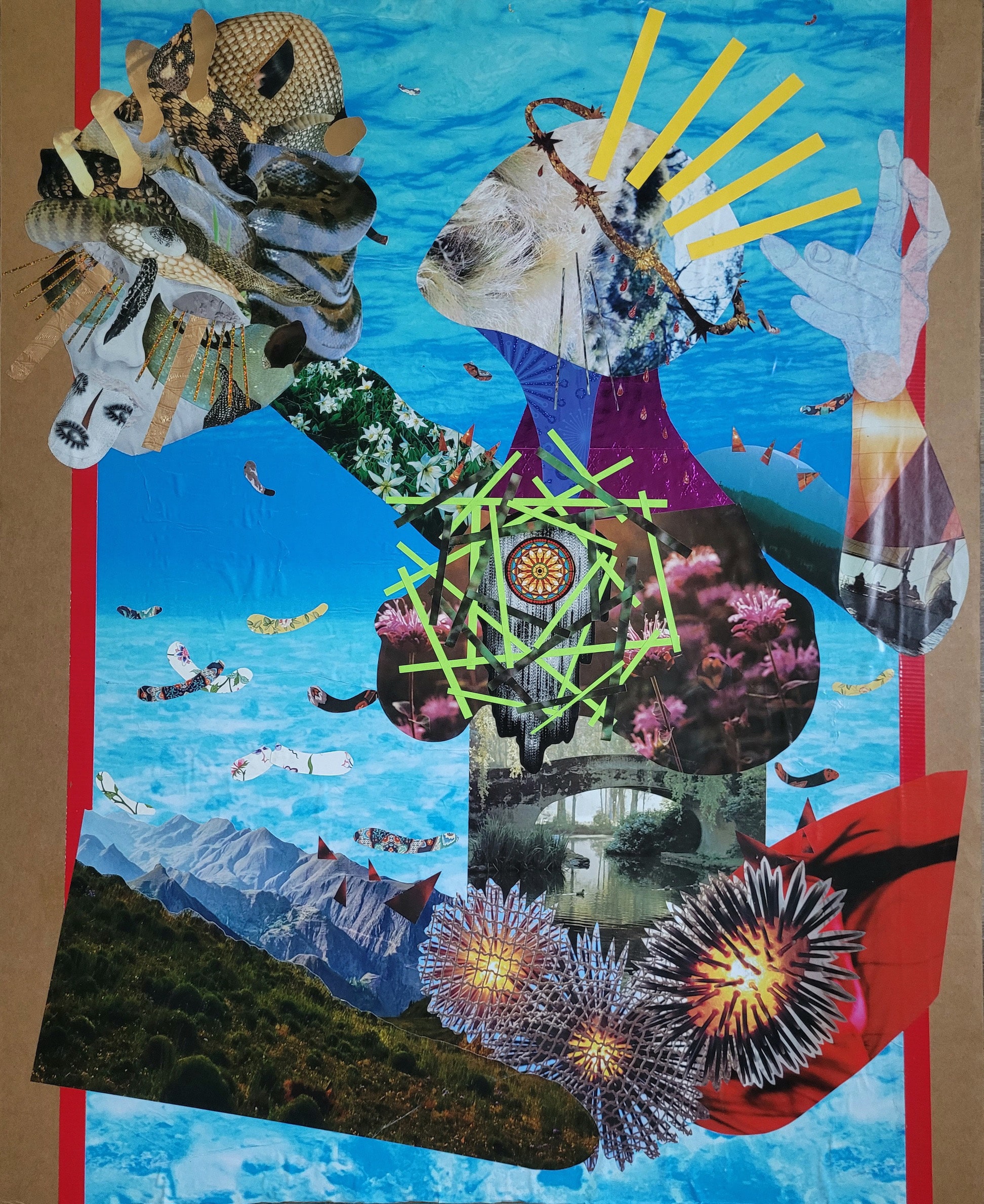 Surreal collage featuring a figure composed of different textures and images, with a bright blue sky and mountains in the background.