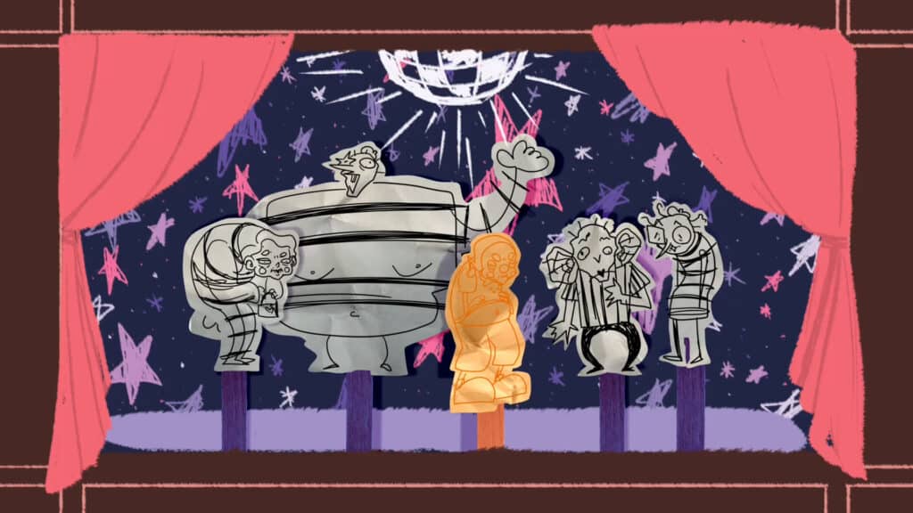Digital illustration of paper cut-out style characters on stage with red curtains, including exaggerated cartoon figures under a disco ball with a starry background.