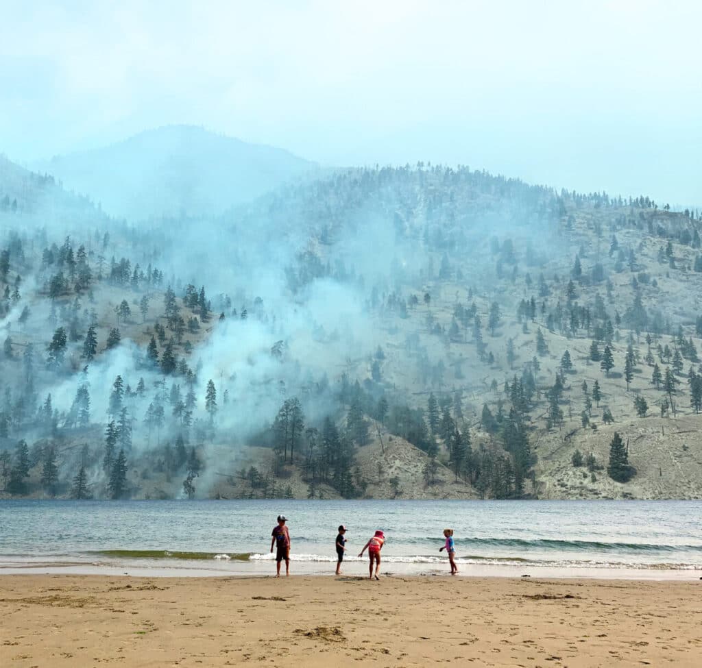 Four children play on a sandy beach with smoke rising from forested hills in the background.