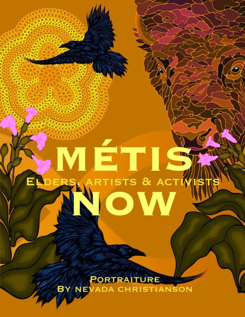 Digital portrait of a person with long braid and beaded earrings, framed by plants and outlines of eagles on a dark background.