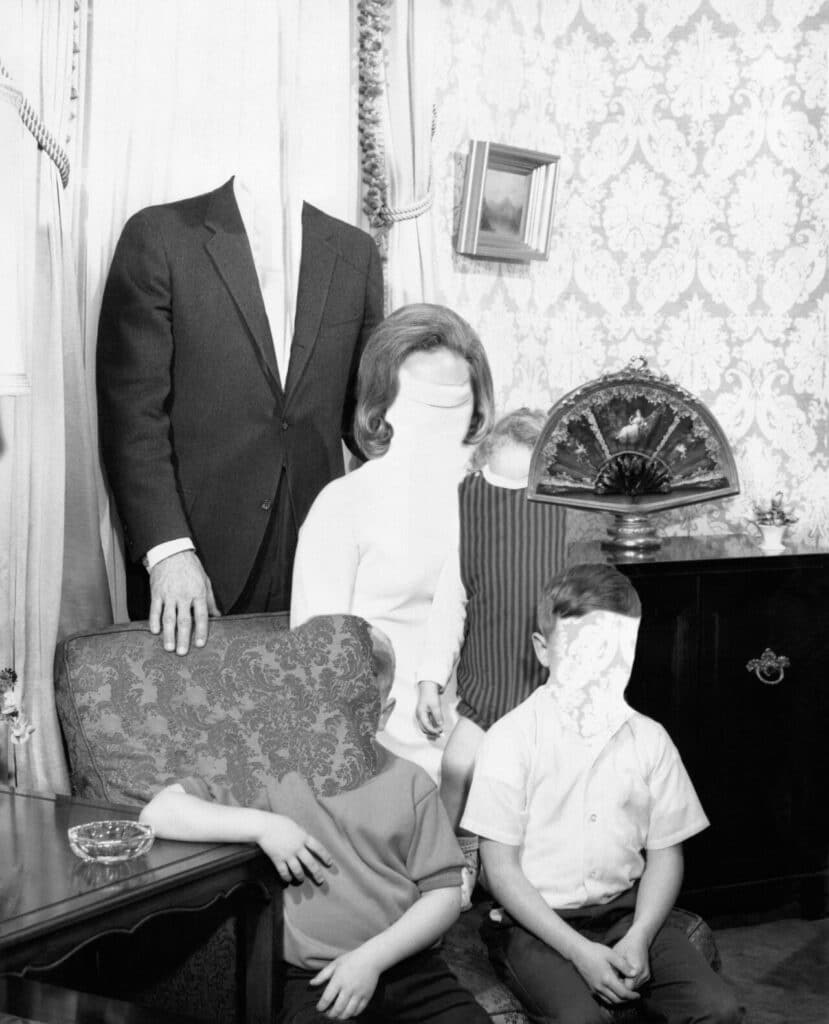 A family portrait where the faces of all five figures have been obscured or erased, blending with wallpaper or fabric patterns.
