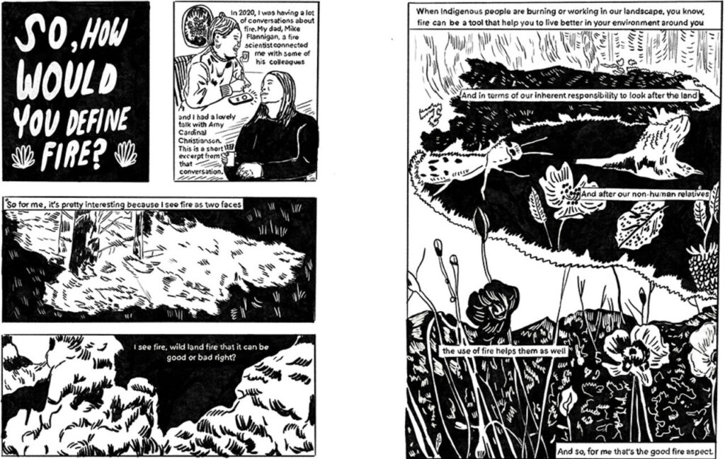 Black-and-white comic panels explore conversations about defining fire and Indigenous perspectives on land and responsibility.