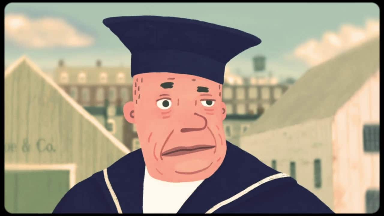 Animated illustration of an older sailor wearing a dark navy uniform with a square-topped hat. The character has a weathered face with wrinkles, a neutral expression, and a distant gaze. In the background are muted buildings and rooftops under a partly cloudy sky.