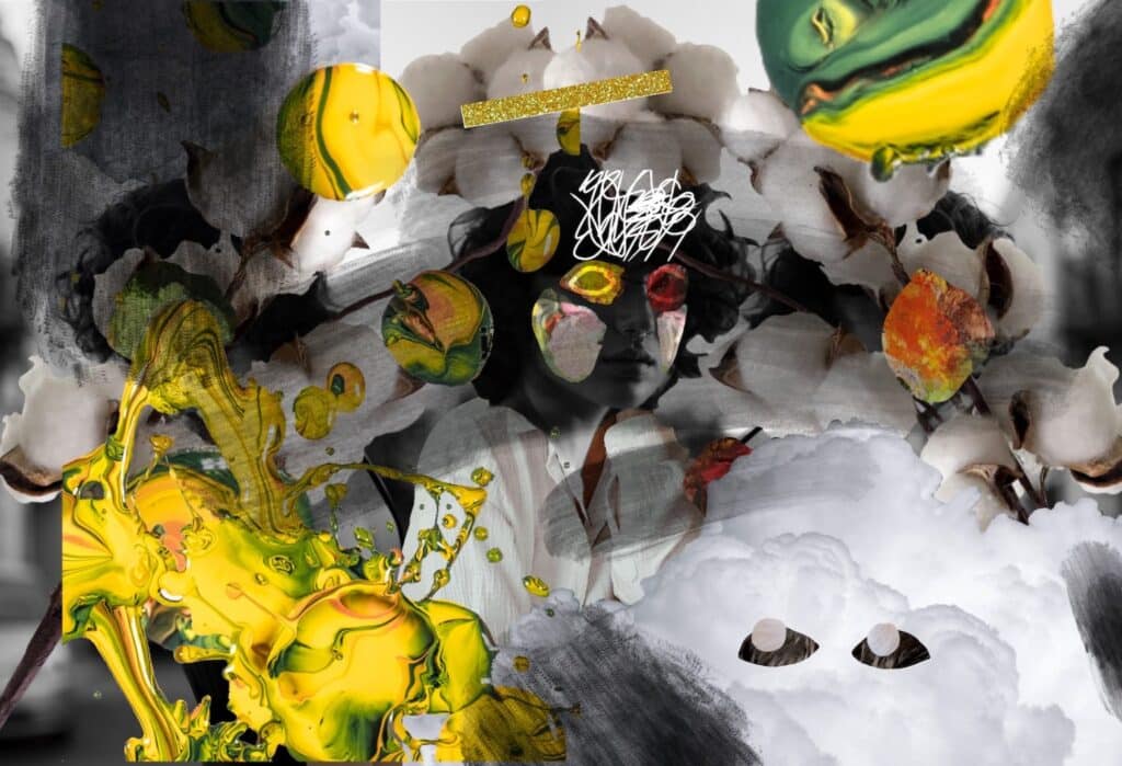 Digital collage with abstract yellow paint splashes over a grayscale portrait, cotton plants, and swirling textures.