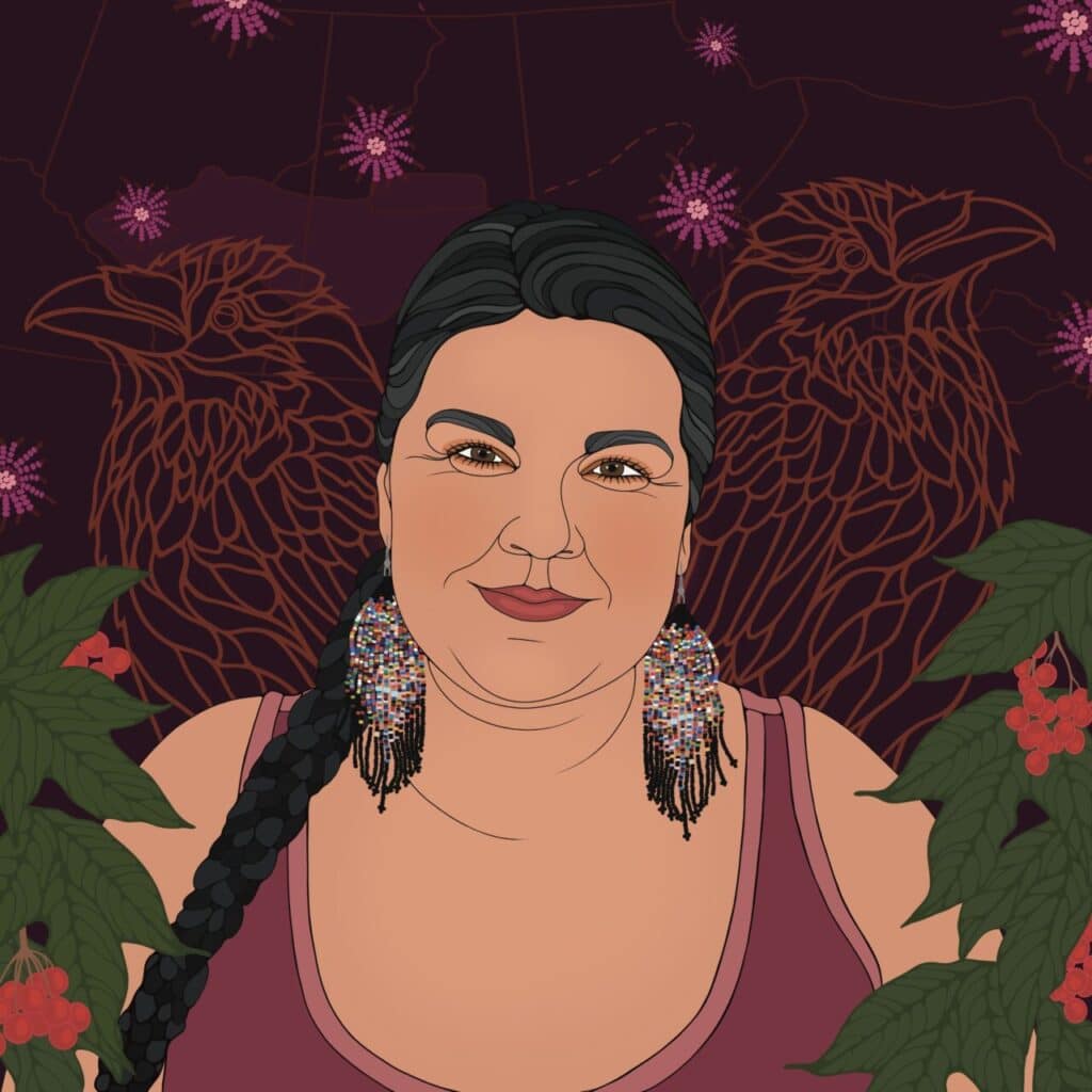 Digital portrait of a person with long braid and beaded earrings, framed by plants and outlines of eagles on a dark background.