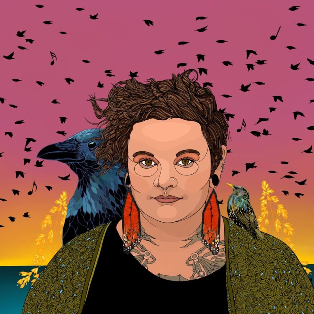 Digital portrait of a person with short curly hair and red earrings, shown with birds against a sunset sky filled with flying silhouettes.