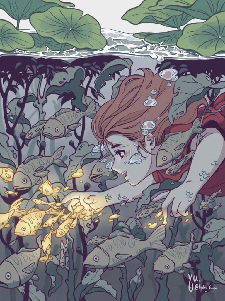 A stylized digital illustration of a girl underwater among lily pads and plants. She gazes excitedly at a school of golden glowing fish, her hand reaching toward them. Air bubbles rise around her as her red hair floats, blending with the magical, luminous scene.