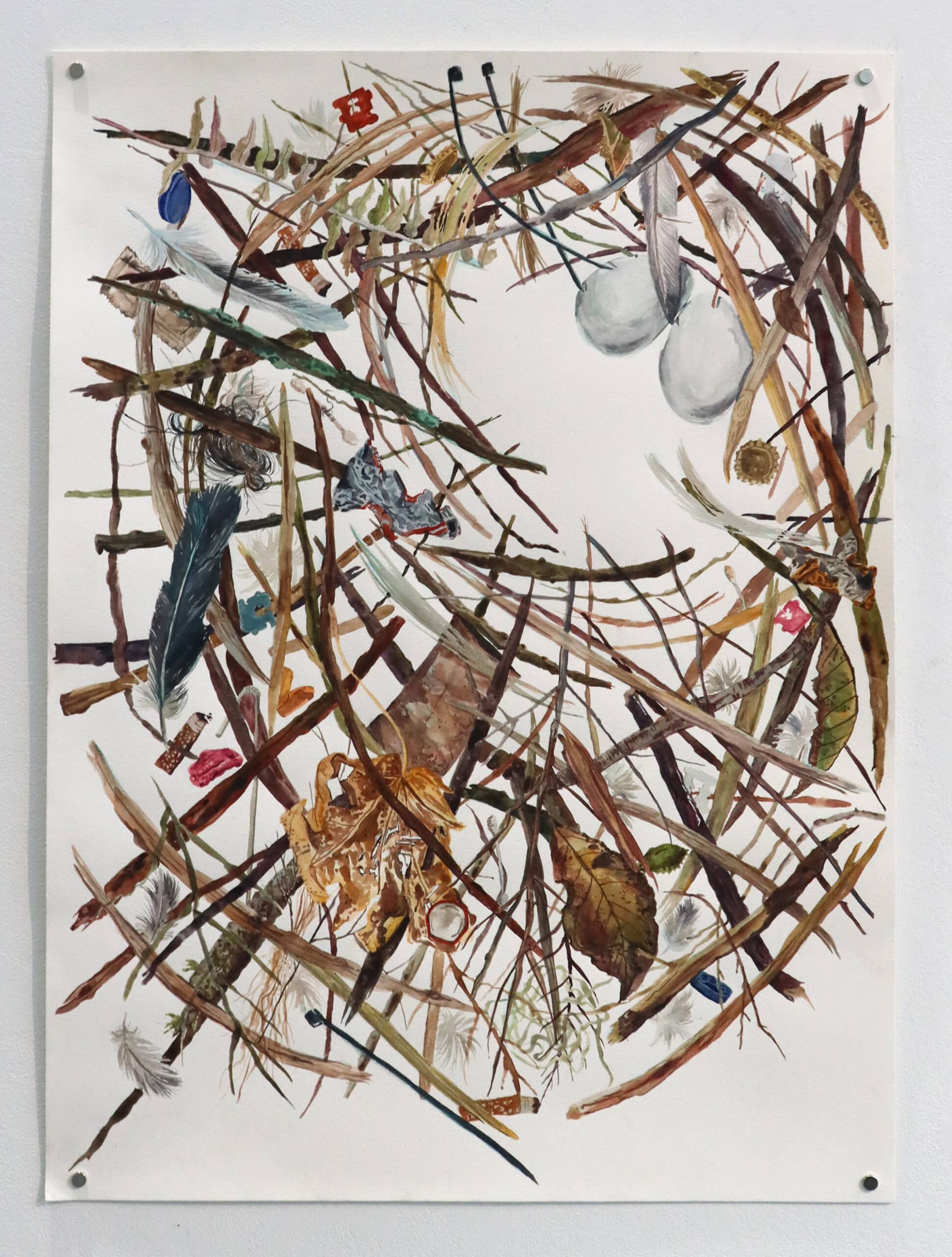 A paper work depicting a circular bird’s nest woven from twigs, leaves, feathers, and bits of human debris. Two pale eggs are nestled within, surrounded by detailed natural and artificial fragments.