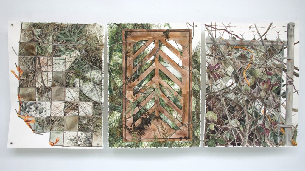 A triptych of watercolour paintings showing fences and barriers interwoven with plants and natural growth. The panels feature gridded tiles, a chevron wooden gate, and chain-link fencing overgrown with vines, exploring the meeting of human-made and natural structures.