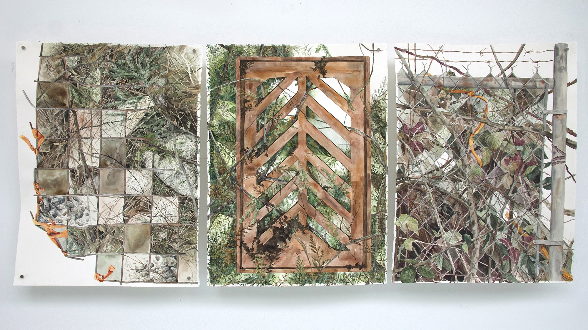 A triptych of watercolour paintings showing fences and barriers interwoven with plants and natural growth. The panels feature gridded tiles, a chevron wooden gate, and chain-link fencing overgrown with vines, exploring the meeting of human-made and natural structures.