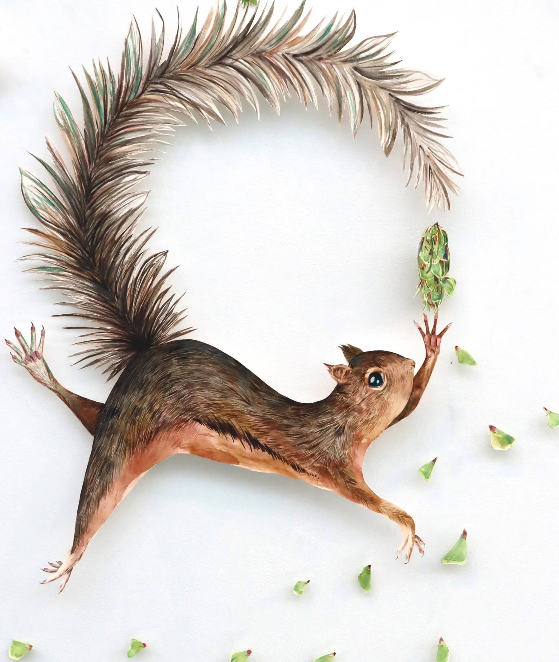 A lively painting of a squirrel leaping midair, tail curved dramatically over its back. The squirrel reaches for a green pinecone, while small cone scales scatter around, evoking urgency and motion.