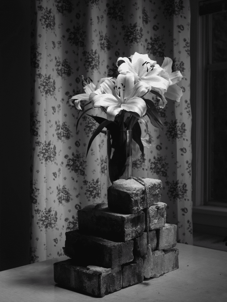 A black-and-white still life showing a vase of lilies placed on top of stacked bricks, with a tasselled cord draped over the arrangement.