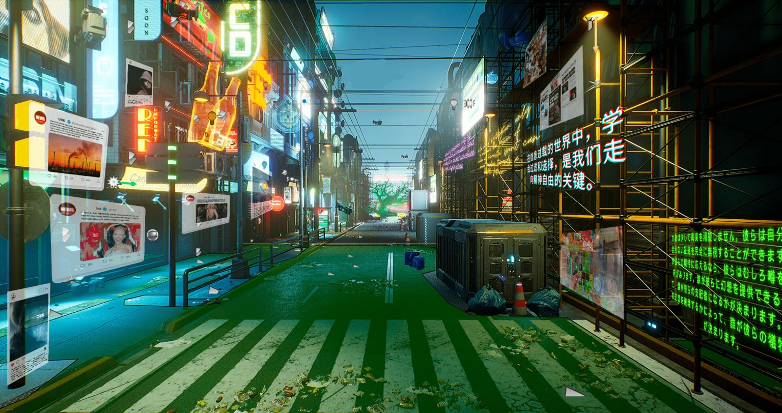 A futuristic digital artwork of a neon-lit city street at night, filled with holographic billboards, social media posts, and glowing signs in multiple languages. The scene is vibrant, crowded with text, and cyberpunk in style.