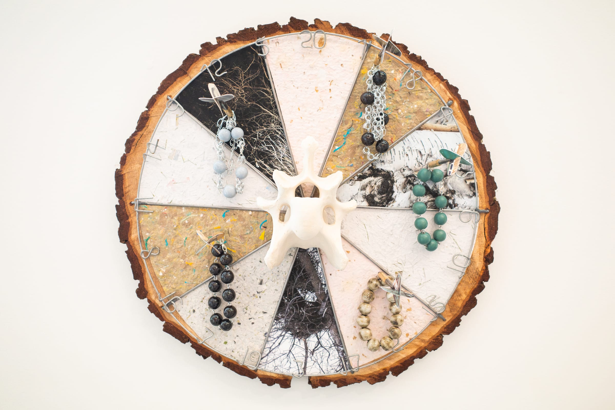 A circular artwork made from a cross-section of a tree trunk, divided into segments and decorated with different materials and jewelry pieces, with a sculptural bone-like form at the center.