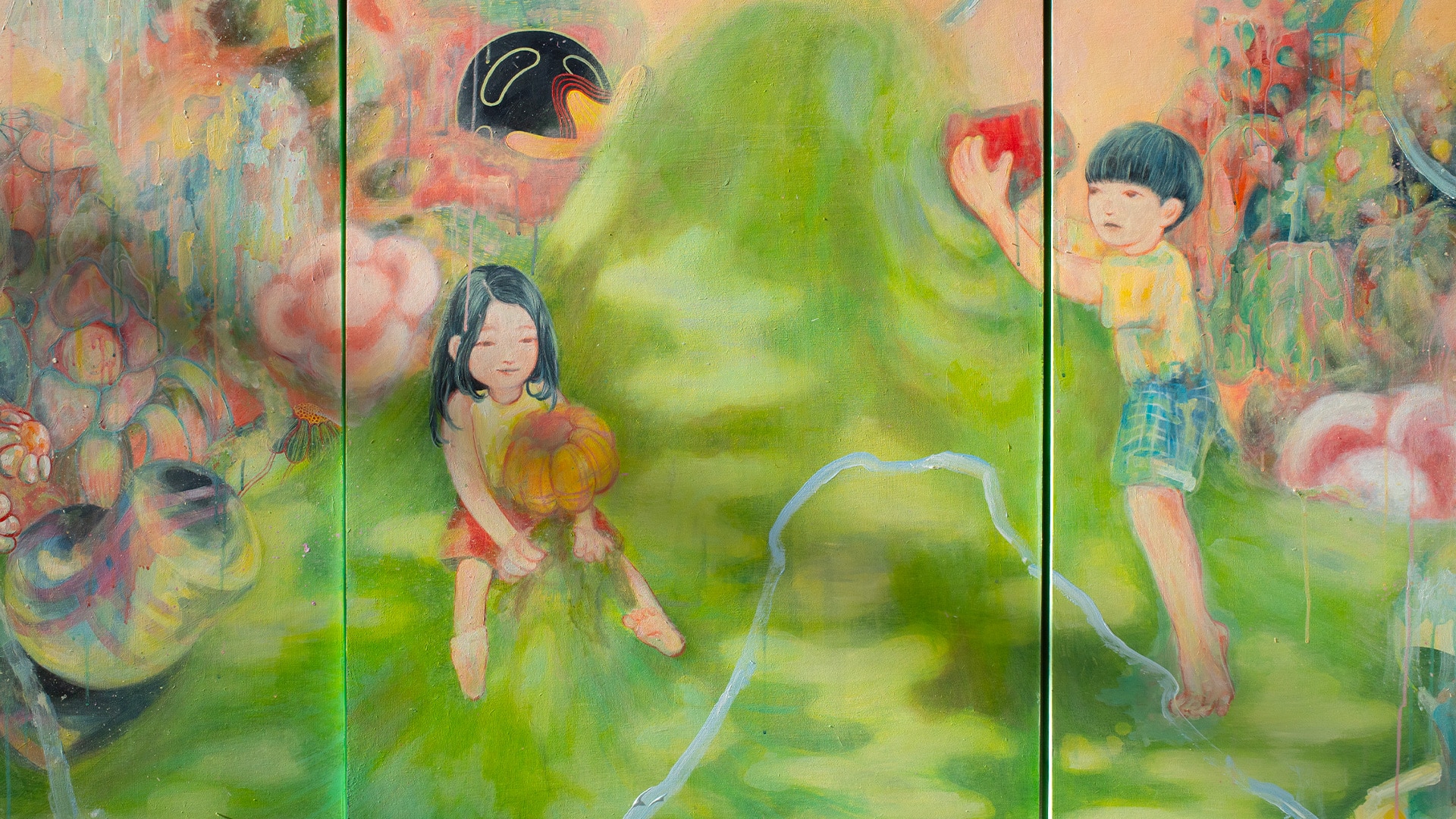 A colourful painting on wooden panels depicts two children in a dreamlike green landscape, one holding a pumpkin and the other reaching upward, surrounded by soft, abstract shapes.