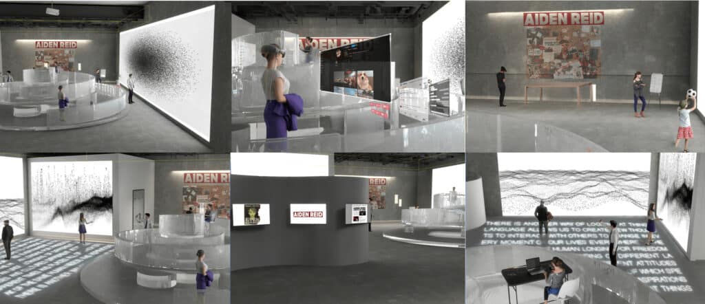 A collage of six renderings of a modern exhibition space titled “AIDEN REID.” The gallery features minimalist concrete walls, large digital and text-based projections, and transparent circular display structures. Visitors walk through the space, interact with installations, and view large-scale wall art, digital screens, and immersive projections on the floor and walls. The environment blends physical and virtual elements in a futuristic museum setting.
