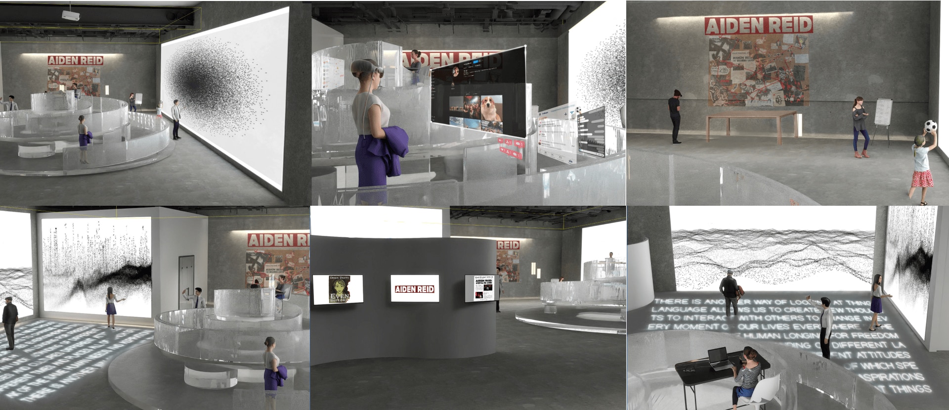 A collage of six renderings of a modern exhibition space titled “AIDEN REID.” The gallery features minimalist concrete walls, large digital and text-based projections, and transparent circular display structures. Visitors walk through the space, interact with installations, and view large-scale wall art, digital screens, and immersive projections on the floor and walls. The environment blends physical and virtual elements in a futuristic museum setting.
