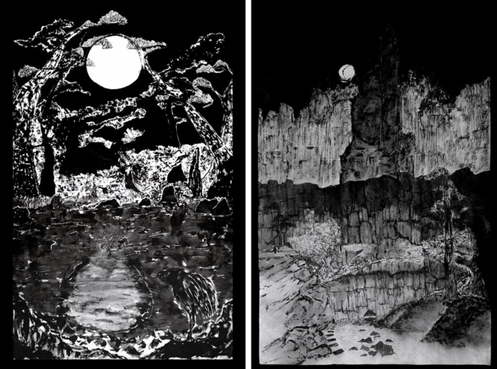 Two black ink paintings of landscapes under a full moon.
