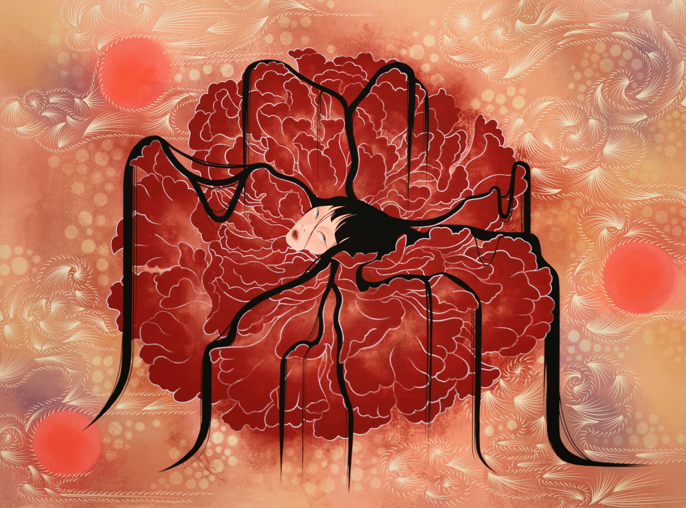 A surreal painting of a pale face with closed eyes emerging from the center of a large red flower. Black vine-like shapes extend from the flower’s petals against a swirling peach, pink, and orange patterned background.