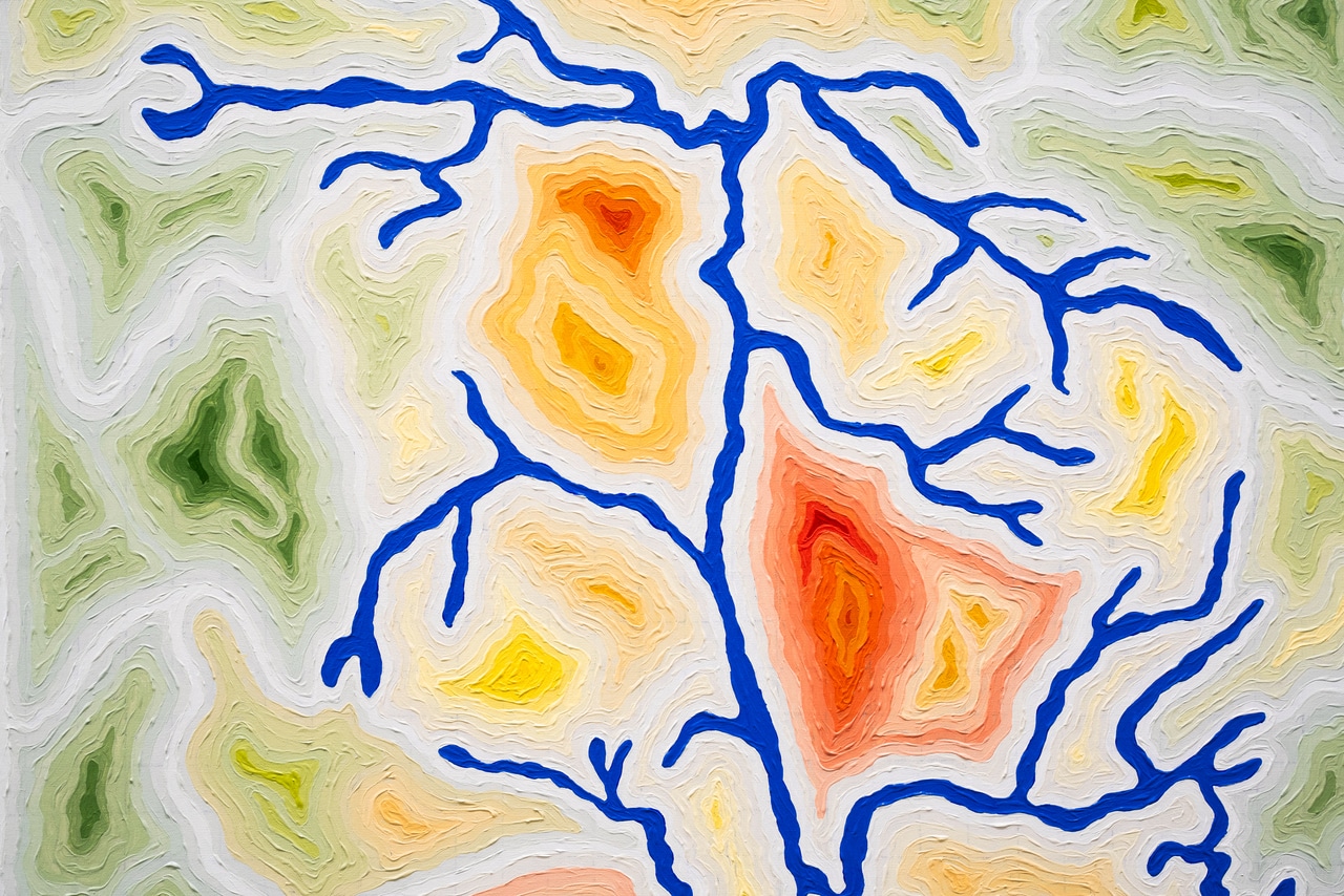 Abstract painting featuring bold blue branching lines running across textured layers of colour. Warm tones of yellow, orange and red form clustered shapes at the centre, while muted greens and greys surround the edges, resembling a topographic map or organic network.