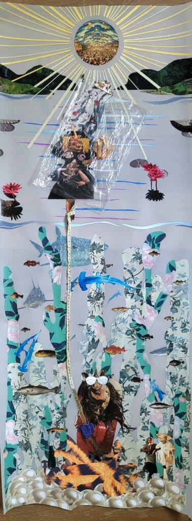 Vertical collage artwork combining underwater scenes, fish, plants, and human figures, with a sunburst motif at the top.