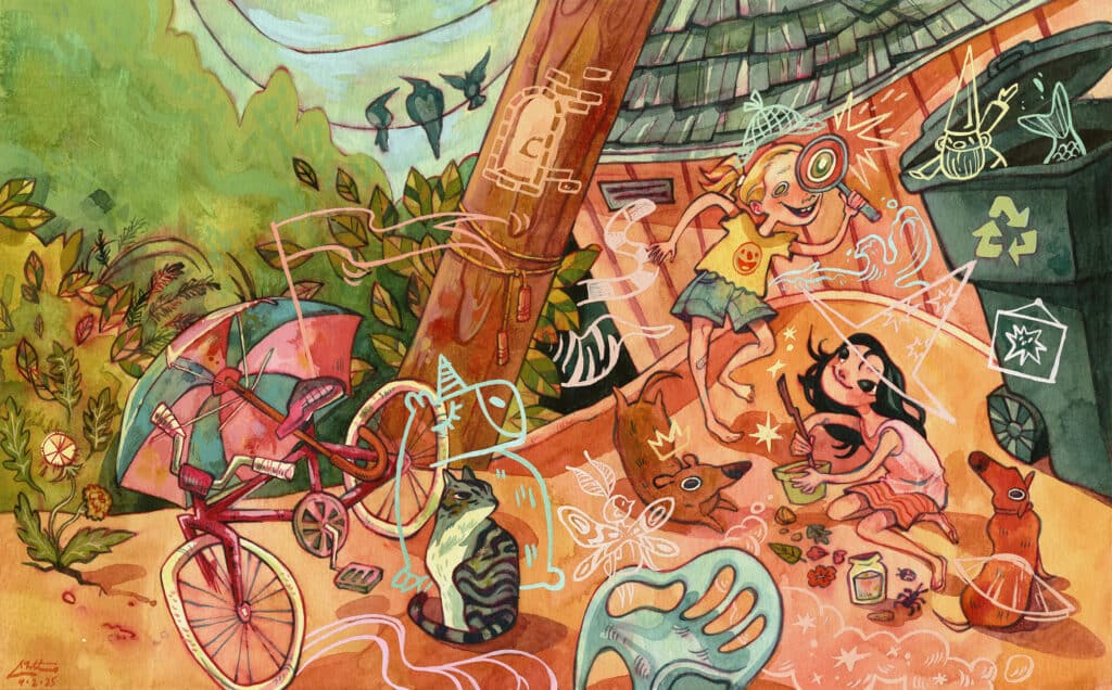 Whimsical illustration of two children playing in a colorful backyard. A blond child with a smiley-face shirt peers through a magnifying glass, while another child with dark hair sits on the ground mixing something in a pot. Around them, a dog, cat, and tricycle appear, with playful doodles of stars, unicorns, fish, and wizards overlaying the scene, suggesting imagination and magic in their play.