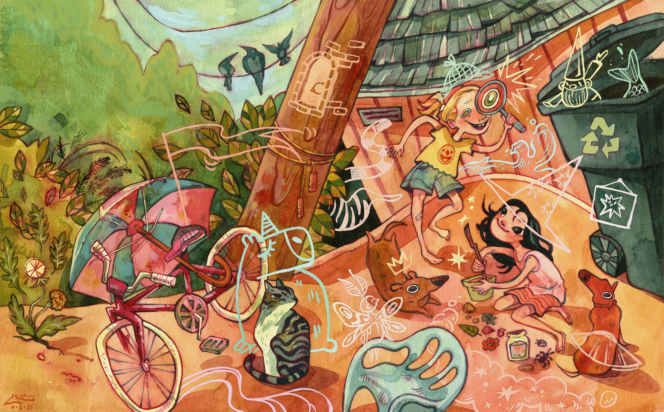 Whimsical illustration of two children playing in a colorful backyard. A blond child with a smiley-face shirt peers through a magnifying glass, while another child with dark hair sits on the ground mixing something in a pot. Around them, a dog, cat, and tricycle appear, with playful doodles of stars, unicorns, fish, and wizards overlaying the scene, suggesting imagination and magic in their play.