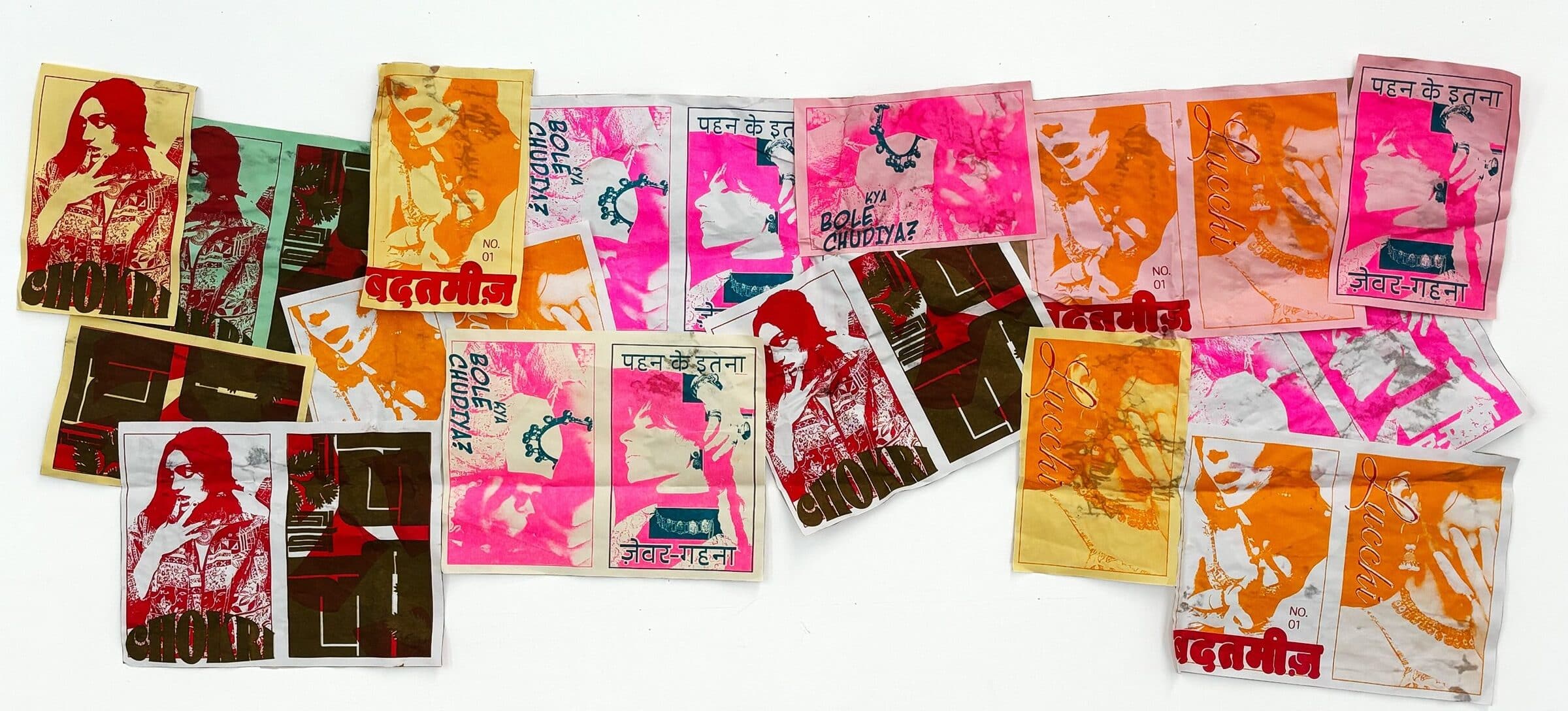 A collage of brightly colored, vintage-style prints featuring stylized portraits of women and jewelry. The prints use bold colors such as neon pink, orange, red, green, and brown, with overlapping layers and text in both English and Hindi. Words like “CHOLEY,” “KYA BOLE CHUDIYAN,” “BADTAMEEZ,” “Jewar-Gehenna,” and “Lucchi” are visible across the different prints. The compositions mix patterns, faces, and accessories, giving the piece a pop-art aesthetic with a handmade, screen-printed feel.