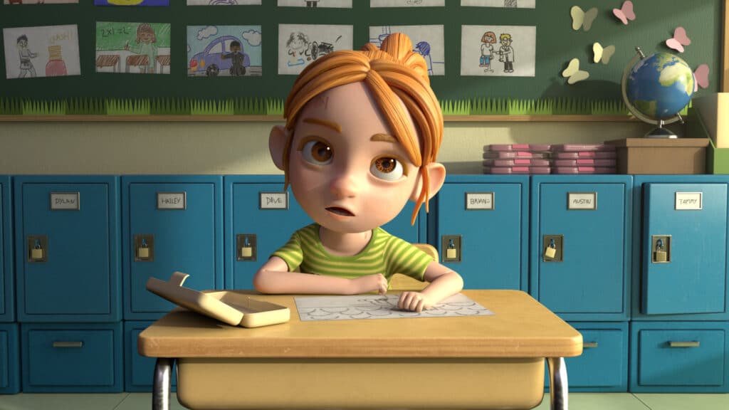 3D animated scene of a young girl with red hair in a bun, wearing a green striped shirt, sitting at a school desk and looking up with a curious expression. A sheet of paper with drawings lies in front of her, with crayons on the desk. Behind her are blue lockers labeled with names, a bulletin board covered with children’s drawings, paper butterflies, and a globe.