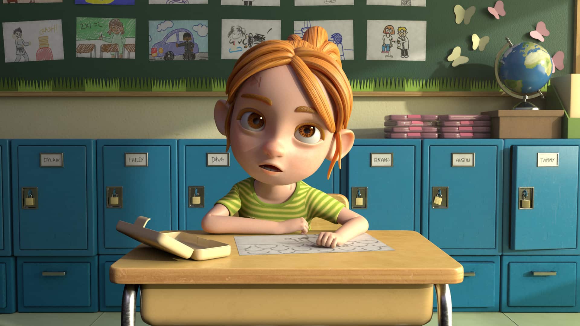3D animated scene of a young girl with red hair in a bun, wearing a green striped shirt, sitting at a school desk and looking up with a curious expression. A sheet of paper with drawings lies in front of her, with crayons on the desk. Behind her are blue lockers labeled with names, a bulletin board covered with children’s drawings, paper butterflies, and a globe.