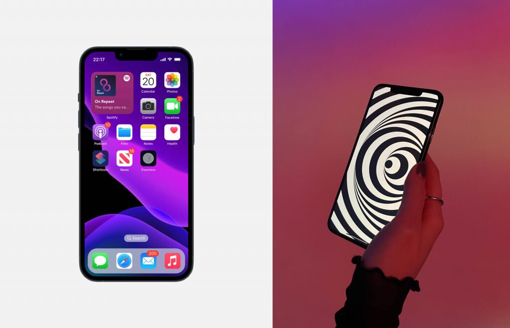 Two images of the Elsewhere with Apple app on an iPhone. One shows a standard home screen, the other a hand holding a phone with bold black-and-white spirals on the display.