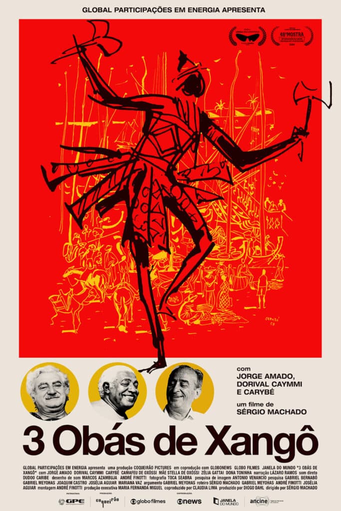 A bold red and yellow movie poster shows an abstract figure dancing with axes, with smaller illustrated figures in the background and portraits of three men along the bottom.
