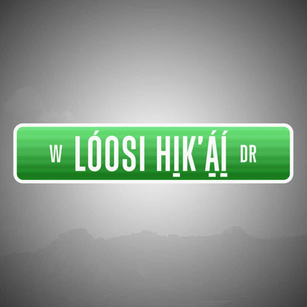 Green street sign graphic with the text “W Lóosi Hiḱ’áí Dr” in white letters on a grey gradient background.