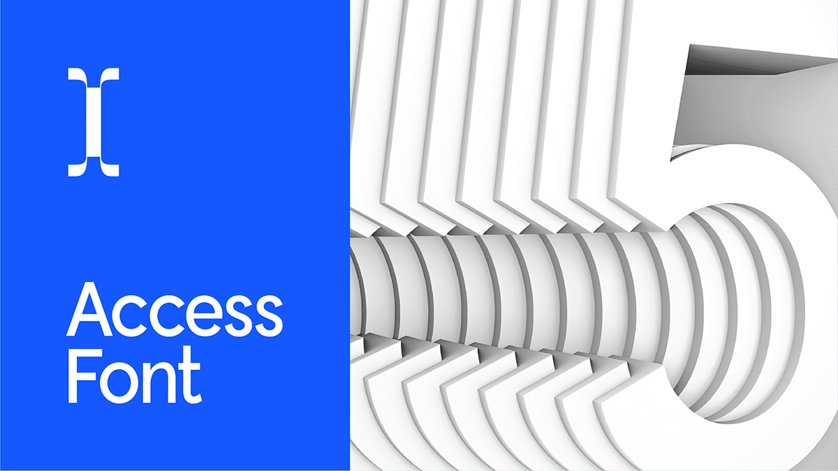 Bold blue and white graphic reading “Access Font,” with a stylized bracket symbol and layered white geometric shapes forming the number 5.