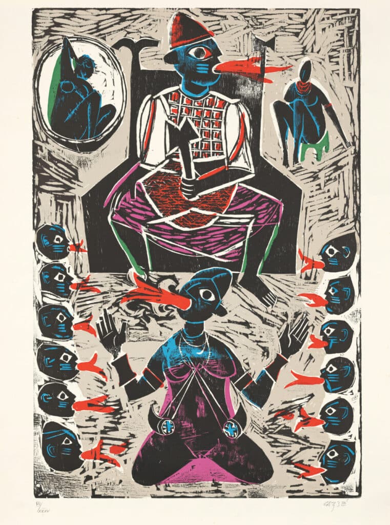 A colourful print depicts stylized figures in blue, red and black, including a central seated figure holding an axe, surrounded by smaller faces with red flames coming from their mouths.