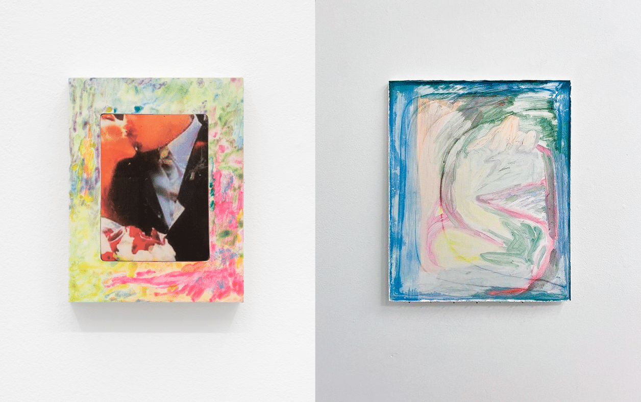 Two small paintings side by side: the left shows a close-up photograph of two people kissing within a colourful abstract border, and the right is a pastel-toned abstract painting with swirling shapes.