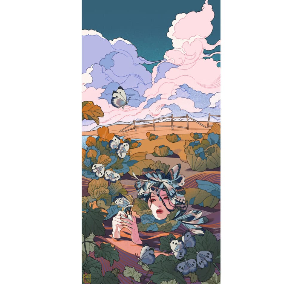 Colourful illustration of a figure surrounded by butterflies and large leaves under a dramatic sky with clouds and a wooden fence in the distance