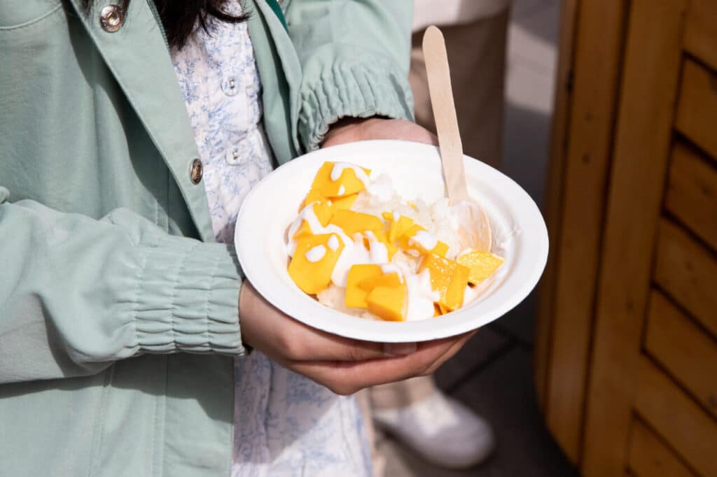 Close-up of someone holding a bowl of mango sticky rice topped with coconut cream.