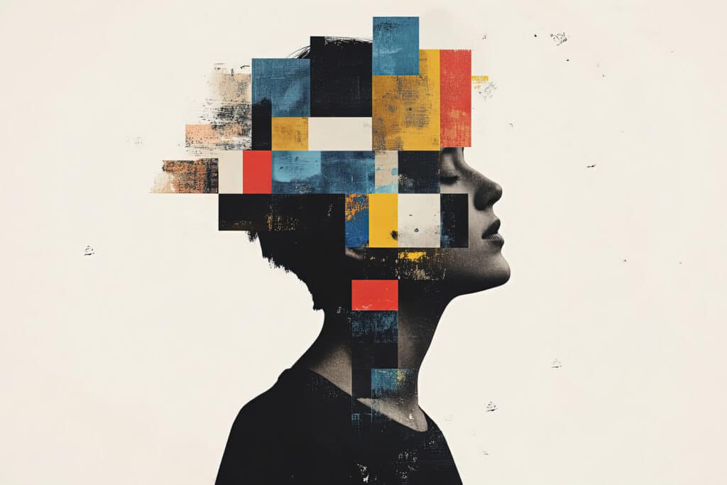 Stylized portrait of a person in profile with colorful geometric blocks layered over their head, symbolizing creativity and design thinking.