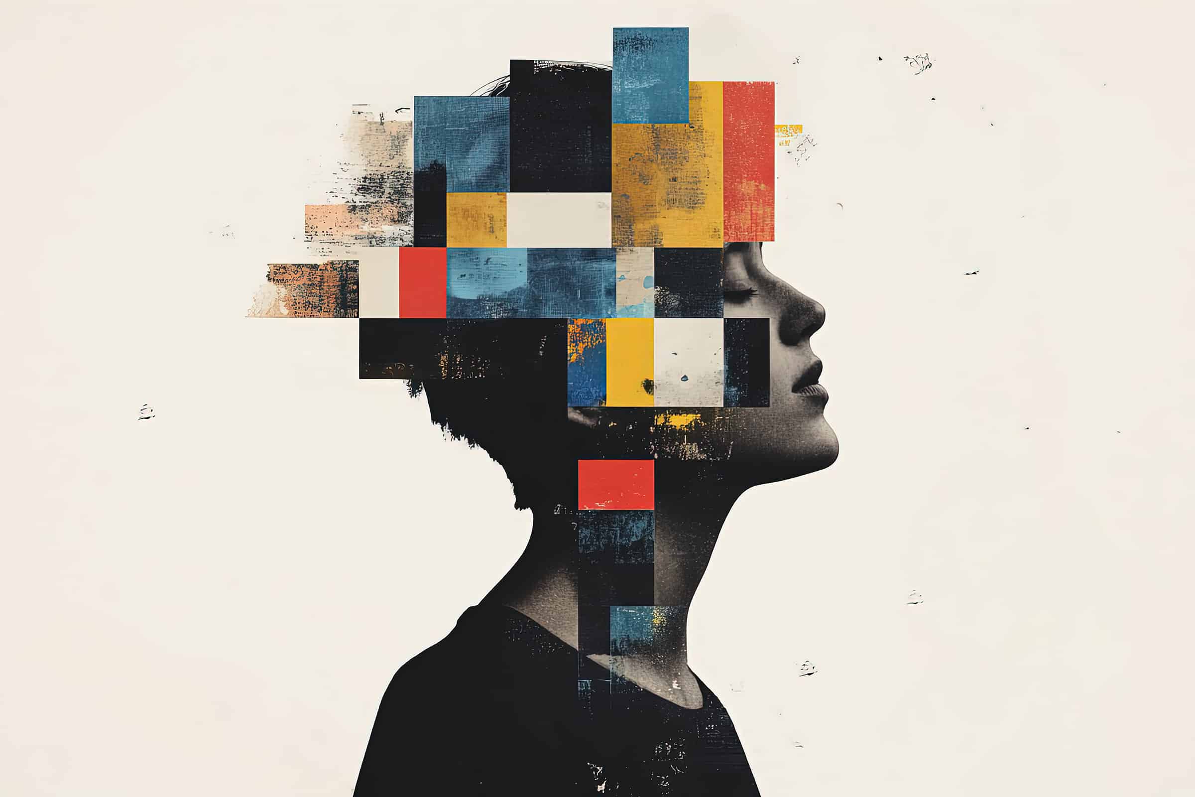 Stylized portrait of a person in profile with colorful geometric blocks layered over their head, symbolizing creativity and design thinking.