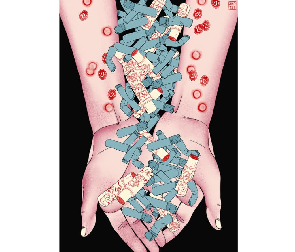 Stylized illustration of two hands releasing blue and red objects resembling cigarette butts and red burns.