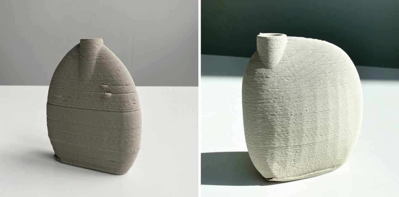 Two views of a 3D-printed clay flask by Avi Farber. The left image shows a matte grey, teardrop-shaped vessel with horizontal layer lines and a narrow neck, set against a neutral background. The right image features a similar off-white flask, softly lit from the side to highlight its textured surface and organic form. Both pieces reveal the additive manufacturing process through visible ridges, blending the precision of digital fabrication with the tactile quality of clay — embodying a fusion of design practice and embodied knowing.